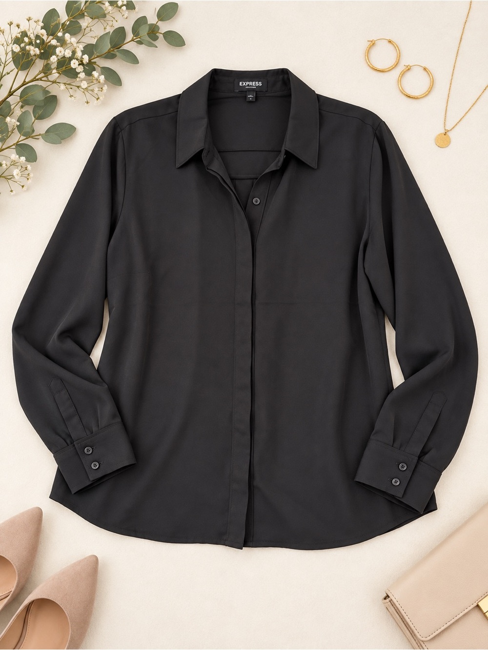 Express Portofino Black Button Down Blouse Size XL Black Workwear Shirt